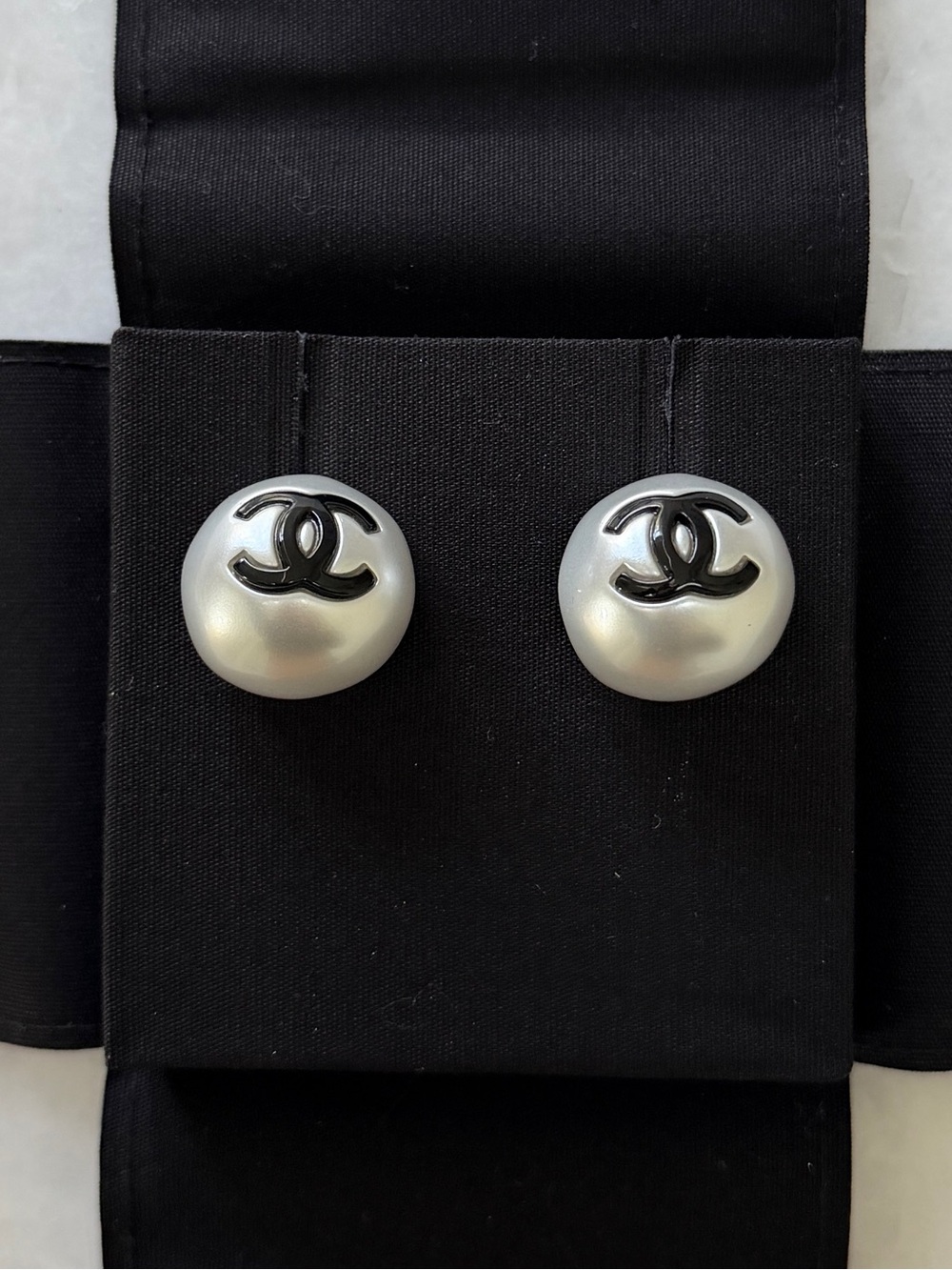 CHANEL Black CC Logo White Pearl Button Earrings